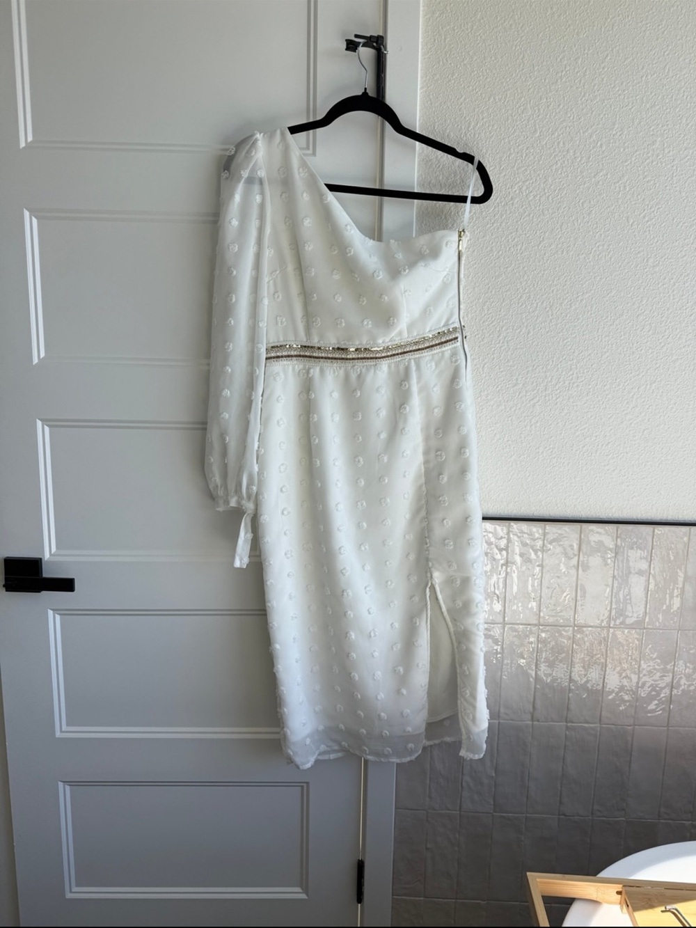 White One Shoulder Puff Sleeve Midi Dress Wedding Bridal Shower Engagement